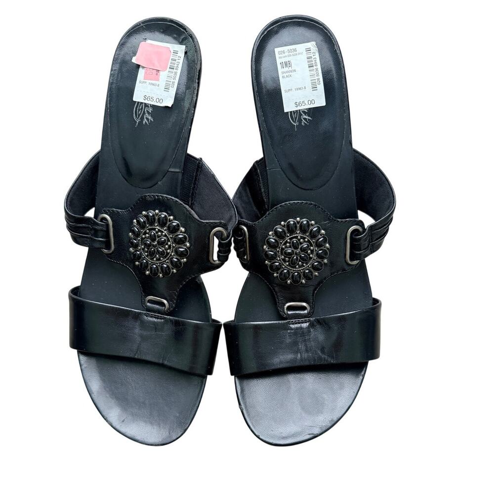 Strictly Comfort Black Leather Strappy Wedge Slide Sandals Women's Size 10M